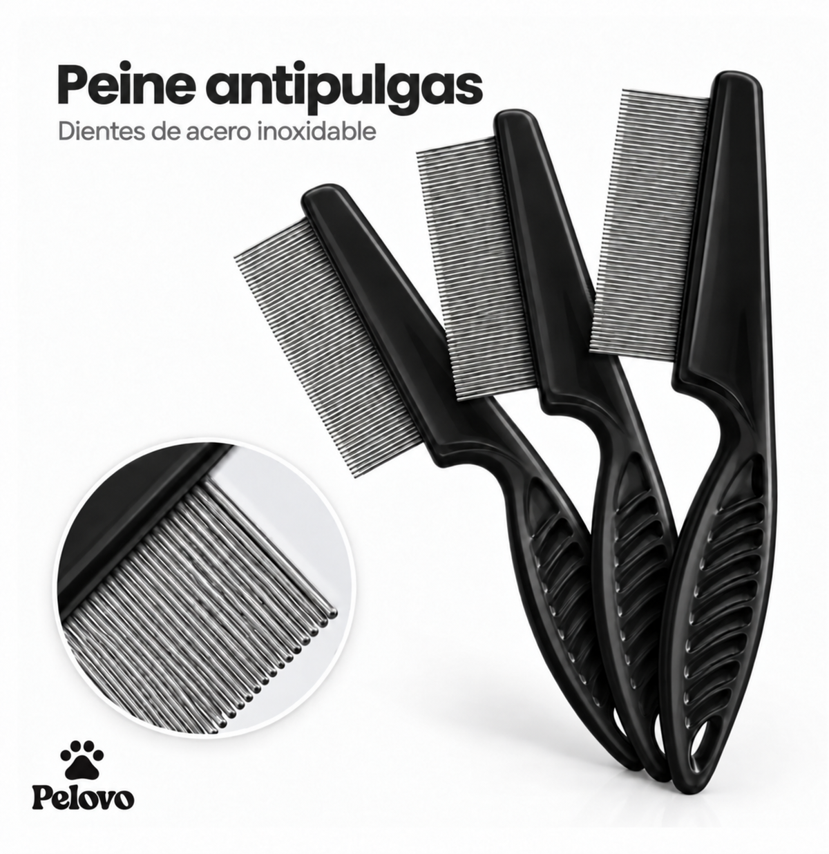 Peine antipulgas Pelovo negro con dientes de acero inoxidable